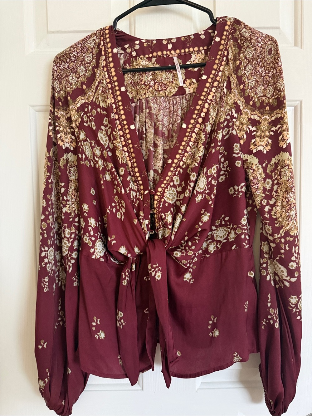 Free People Burgundy Floral Tie-Front Blouse